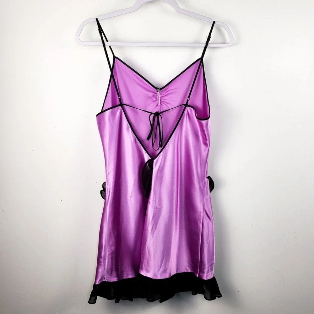 Betsey‎ Johnson Satin Slip Dress Purple Black Trim Chemise Nightgown Lingerie - Picture 6 of 7